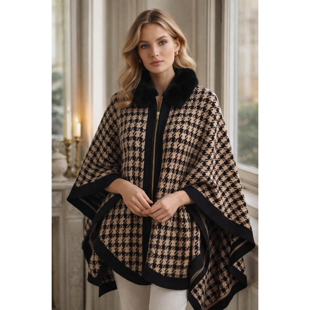 Black Label By Evan Picone Camel Combo Mock Neck Poncho Cape Sz M